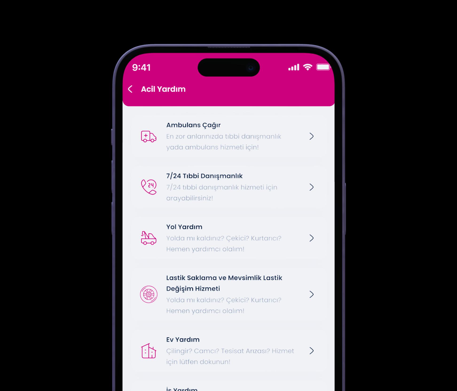 Quick Mobil uygulaması acil yardım ekranı